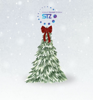 Schneebedeckter Weihnachtsbaums mit roter Schleife an der Spitze. Über dem Baum schwebt das Logo des Sozialen Teilhabe Zentrums (STZ). Leichter Schneefall vor hellem, winterlichem Hintergrund.